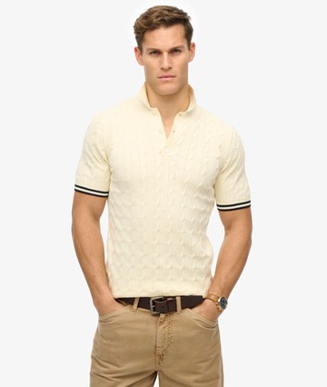 Superdry Men's Knitted Texture Short Sleeve Polo Shirt Cream Size: Xxxl