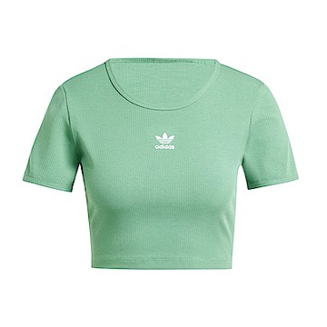 Adidas ESS RIB Tee IY9665 女 短版 短袖 上衣 休閒 三葉草 修身 羅紋 棉質 綠