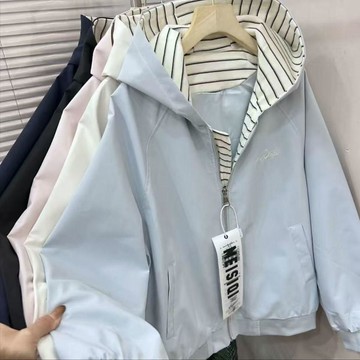 【寬鬆休閒】MY女裝 條紋拼接連帽外套 春秋款 學生學院風 夾克 棒球服 寬鬆版型 休閒百搭