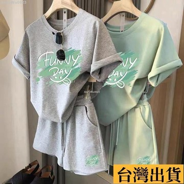 🌈台倉出庫🌈 夏季休閒套裝 運動套裝 短袖短褲套裝 套裝女 印花上衣 短褲女 休閒短袖短褲 T恤女 純色夏季套裝