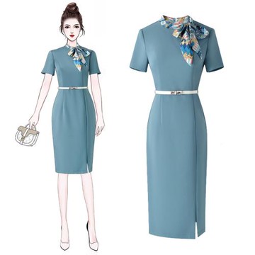 夏裝減齡氣質職場連衣裙修身顯瘦前臺接待工作服職業女裝包臀裙子