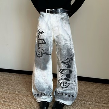 美式休閒痞帥塗鴉印花復古牛仔褲男秋冬寬鬆闊腿拖地老爹褲子男