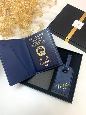 【客制】深藍 真皮 護照套 + 行李牌 套裝 名字定制