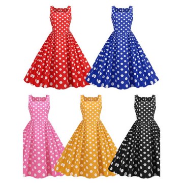 歐美風街頭時尚氣質亞馬遜熱賣波點收腰方領無袖復古大擺連衣裙潮