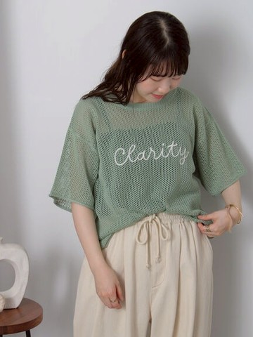 草寫英文刺繡網眼針織短袖上衣(0F000952410) - ehka sopo