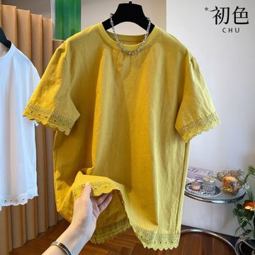 初色 純色棉麻風裝飾花邊圓領短袖寬鬆T恤上衣女上衣-共2色-12625(M-2XL可選/現貨+預購)