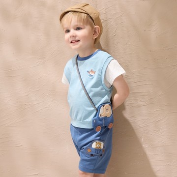 PIPPY童趣玩具車刺繡彩條羅紋拼接休閒棉質短褲 藍