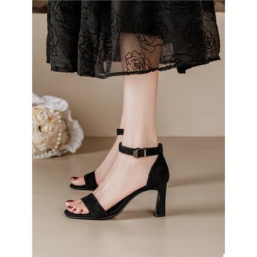 黑色絨面氣質高跟鞋女小眾簡約性感粗跟中跟配裙子淑女風時尚涼鞋