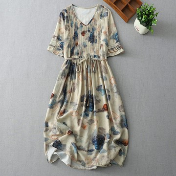 ＊ORead＊法式風琴印花長裙V領純棉中袖連身裙(圖片色M~2XL)【限定加碼✿全館滿額再折】