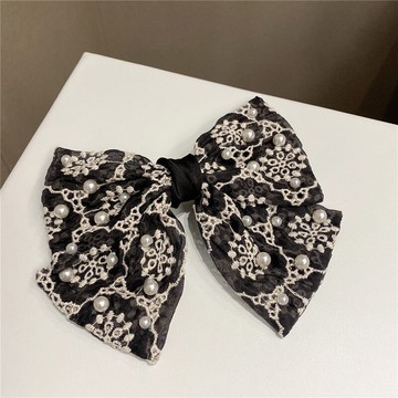 蕾絲珍珠大蝴蝶結發夾女夏季氣質仙氣后腦勺頭飾發卡頭花新款