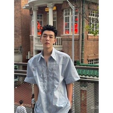 拉鏈墊肩襯衫男短袖夏季高級感痞帥工裝襯衣設計感cleanfit五分袖 XQWQ