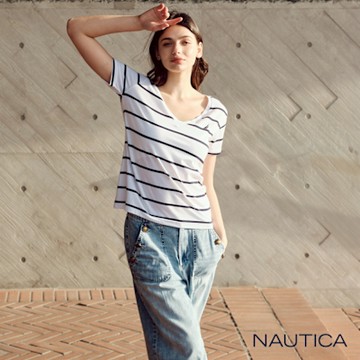 Nautica 女裝 細條紋V領短袖T恤-白色