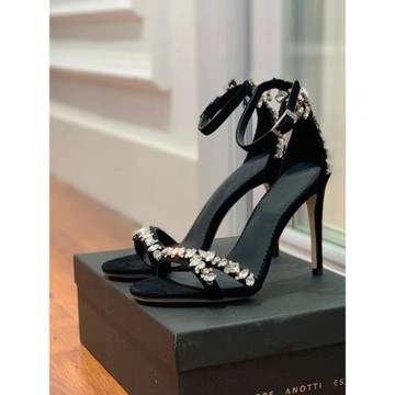 手工縫制水鉆名媛高跟鞋細跟性感絨面露趾黑色百搭一字帶涼鞋女夏