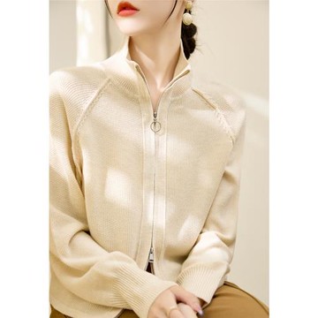 冬季新款高級感拉鏈長袖寬松毛衣2024年時尚立領厚款羊毛針織開衫