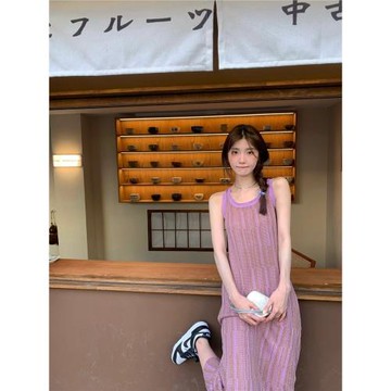 海邊度假女神范條紋亞麻紫色長裙