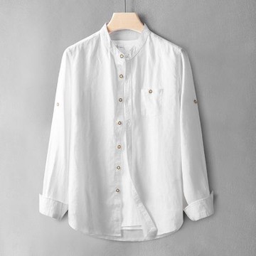 春夏季男士中式100%亞麻襯衫長袖立領爸爸中山裝中年休閑棉麻襯衣