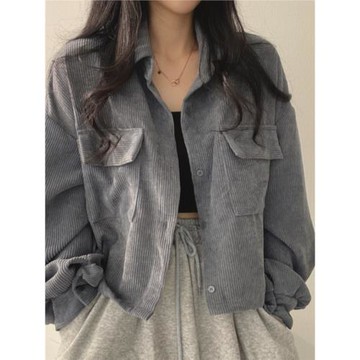 韓國chic春季法式復古百搭單排扣翻領短款燈芯絨襯衫長袖外套女潮
