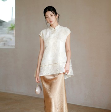 【桑蠶絲】新中式復古中國風 提花立領/真絲上衣/半裙