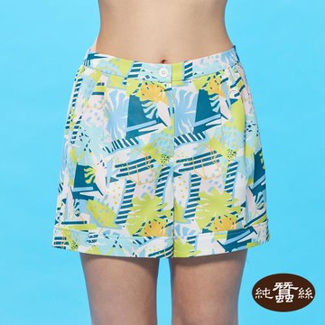 【岱妮蠶絲】透氣百搭蠶絲女前打摺褲口剪接休閒短褲-幾何盛夏(WWP1CR04)