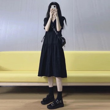 短袖連衣裙長款設計感小眾泡泡袖高級感微胖寬松顯瘦氣質外搭遮肉收腰【倪醬】
