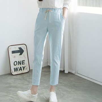 【ACheter】棉麻感鬆緊腰頭綁帶寬鬆休閒九分褲# 000076