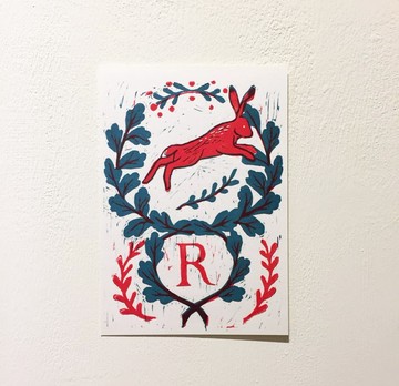 R is for Rabbit 手工版印明信片 兔子  abc字母明信片