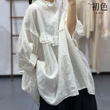 初色 慵懶風純色木耳邊圓領拼接綁帶九分袖寬鬆棉質上衣女上衣-共2色-19022(L-2XL可選)