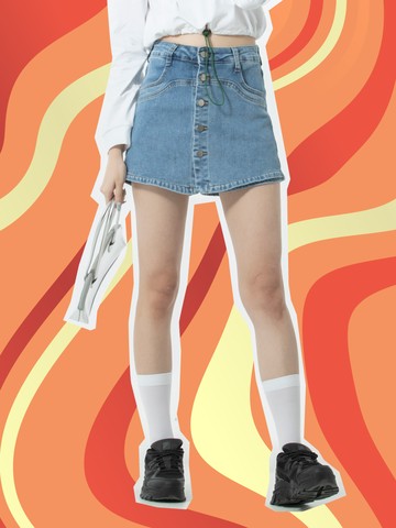 前開扣修身彈力牛仔短褲裙