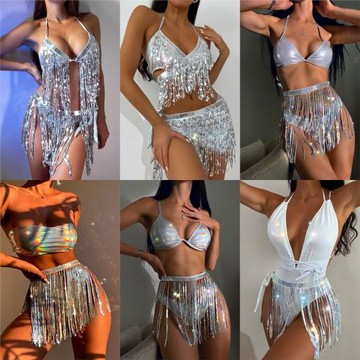 新款分體泳衣女閃光布鐳射性感亮片流蘇比基尼bikini演出服套裝