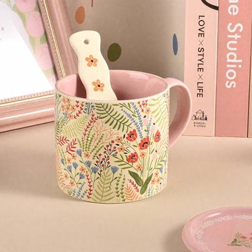 陶瓷杯 花卉 高顏值 喝茶泡茶 燕麥麥片 帶手柄 大容量 北歐風