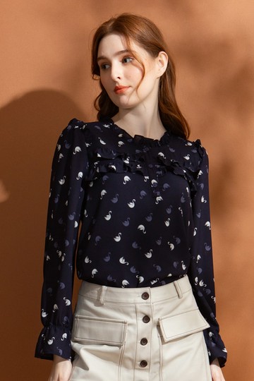 MW 荷葉印花雪紡長袖上衣