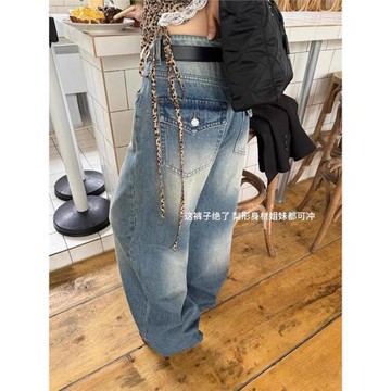 復古洗水闊腿牛仔褲女春季口袋設計高腰寬松顯瘦垂感直筒拖地長褲