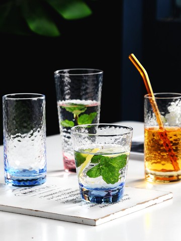 彩色玻璃杯錘紋杯吸管水杯家用啤酒杯高硼硅耐熱透明杯子