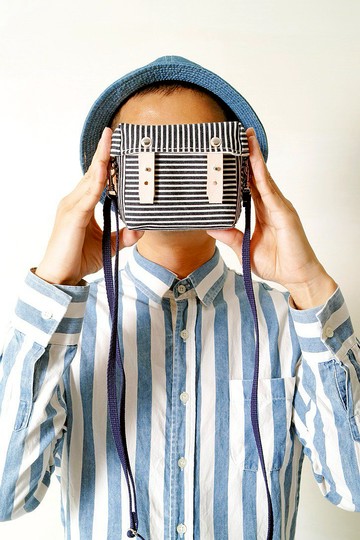 開學季 STRIPE-手做皮革條紋丹寧帆布盒型斜側揹/相機/收納包