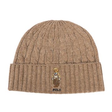 RALPH LAUREN POLO 小熊刺繡LOGO素面CASHMERE羊毛混紡針織毛帽-經典駝色