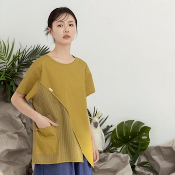 【MOSS CLUB】弧形下襬剪接圓領短袖上衣 綠 黃
