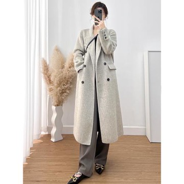 正肩大衣女秋冬加厚直筒h型燕麥色桑蠶絲兔絨毛呢羊毛雙面呢外套