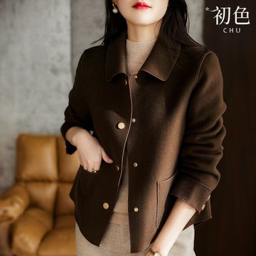 初色 通勤風簡約素色雙面毛呢娃娃領單排釦金釦短款大衣外套女外套-共3色-38384(M-2XL可選)