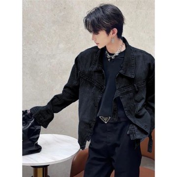 美式短款高級感牛仔外套男小眾設計感痞帥墊肩夾克高街潮牌上衣服