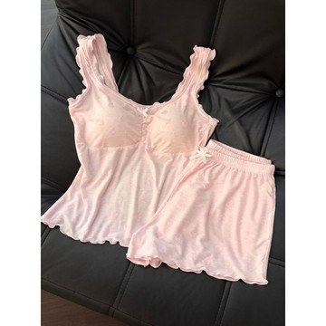 DUYI~夢詩 睡衣女款莫代爾夏季帶胸墊涼感甜美愛心吊帶高級感短褲家居服套裝