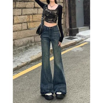 美式復古高腰毛邊微喇牛仔褲女2025春秋新款顯瘦寬松馬蹄拖地長褲