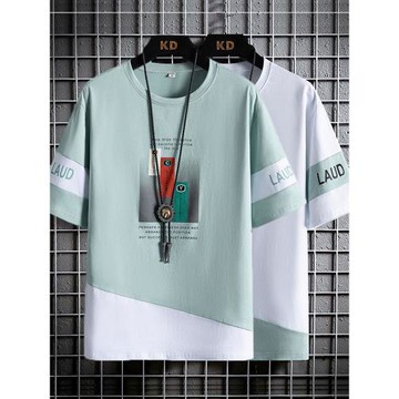 夏季t恤男士短袖潮牌拼接新款冰感半袖男生體恤潮流青少年上衣服T