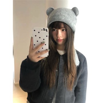 丁走走小熊毛線帽子女可愛顯臉小含羊毛針織帽秋冬保暖護耳雷鋒帽