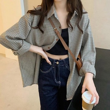 【FROCK】長袖襯衫 寬鬆襯衫 長袖上衣 顯瘦上衣 複古格子襯衫韓版棕色寬鬆長袖襯衣 女生襯衫 襯衫外套 寬鬆外套