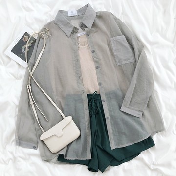 『現貨馬上出+』RENA復古清新超薄防曬衫u型領純色打底背心高腰湖水藍半身裙【R16136】