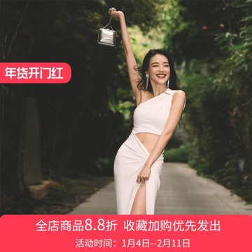 舒淇同款斜肩露腰性感氣質連衣裙女冬高腰開叉顯瘦設計感白色長裙
