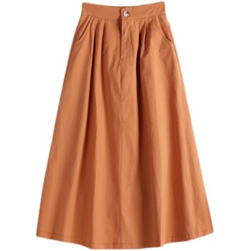 小個子中長款A字半身裙女春季高腰顯瘦大擺裙純棉口袋一粒扣裙子