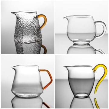 耐高溫錘紋玻璃公道杯帶把手 加厚高硼硅玻璃分茶器茶海 茶道配件