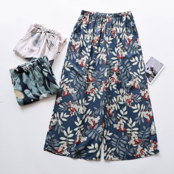 夏季涼感人造棉七分褲女式綿綢薄款寬松闊腿褲睡褲家居褲可外穿