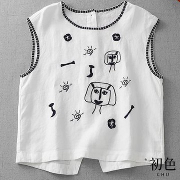 初色 復古文藝森系圖案刺繡圓領無袖棉麻背心T恤上衣女上衣-共4色-13668(M-2XL可選)